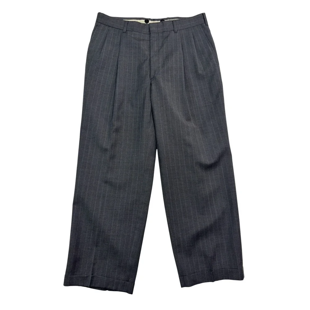vtg 90s Briar 40S 32x27 Gray Pinstripe 2pc Pants Suit USA Wool Pleated Cuffed